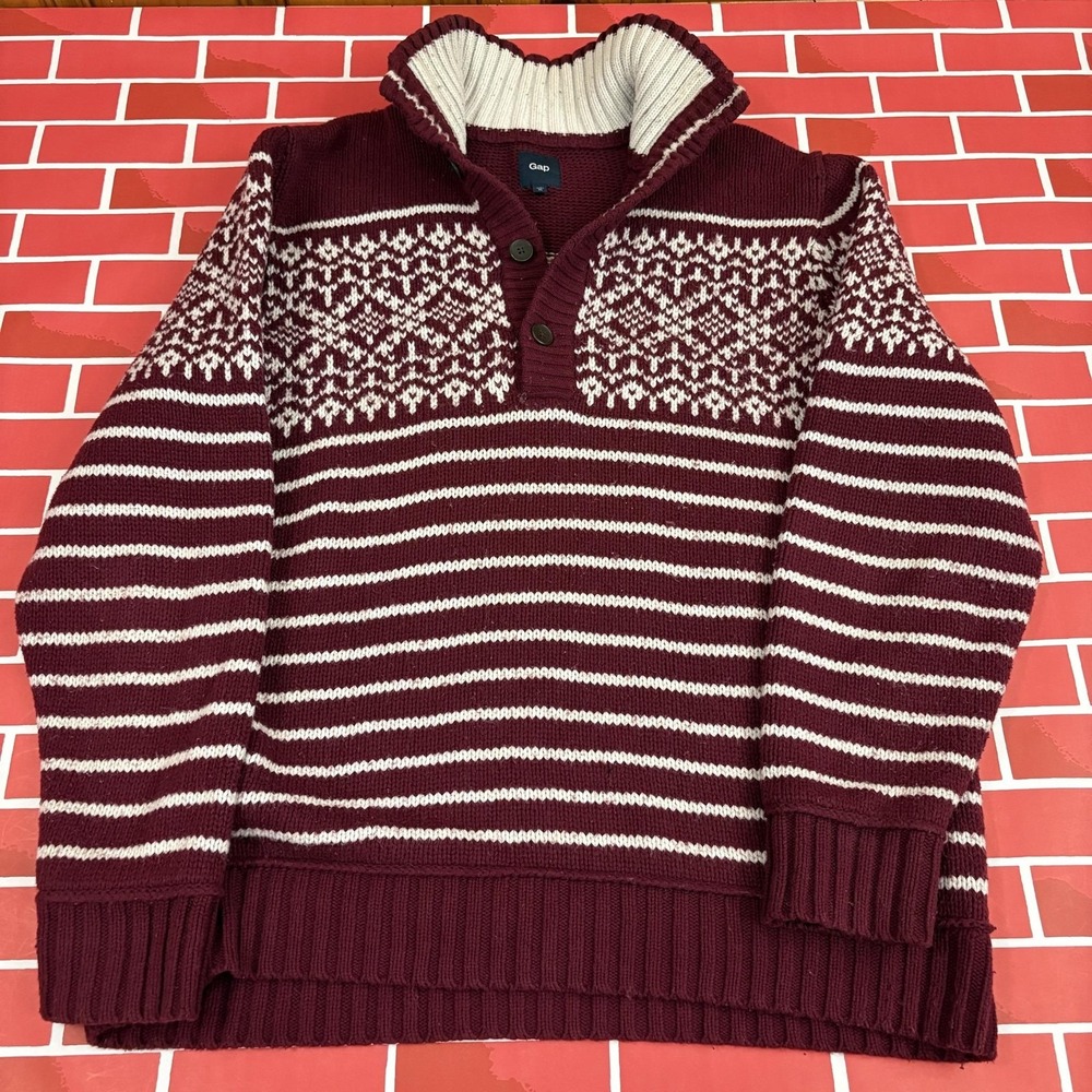 Gap Henley Sweater Mens XL Red Fair Isle Stripe Shawl Collar Winter Knit